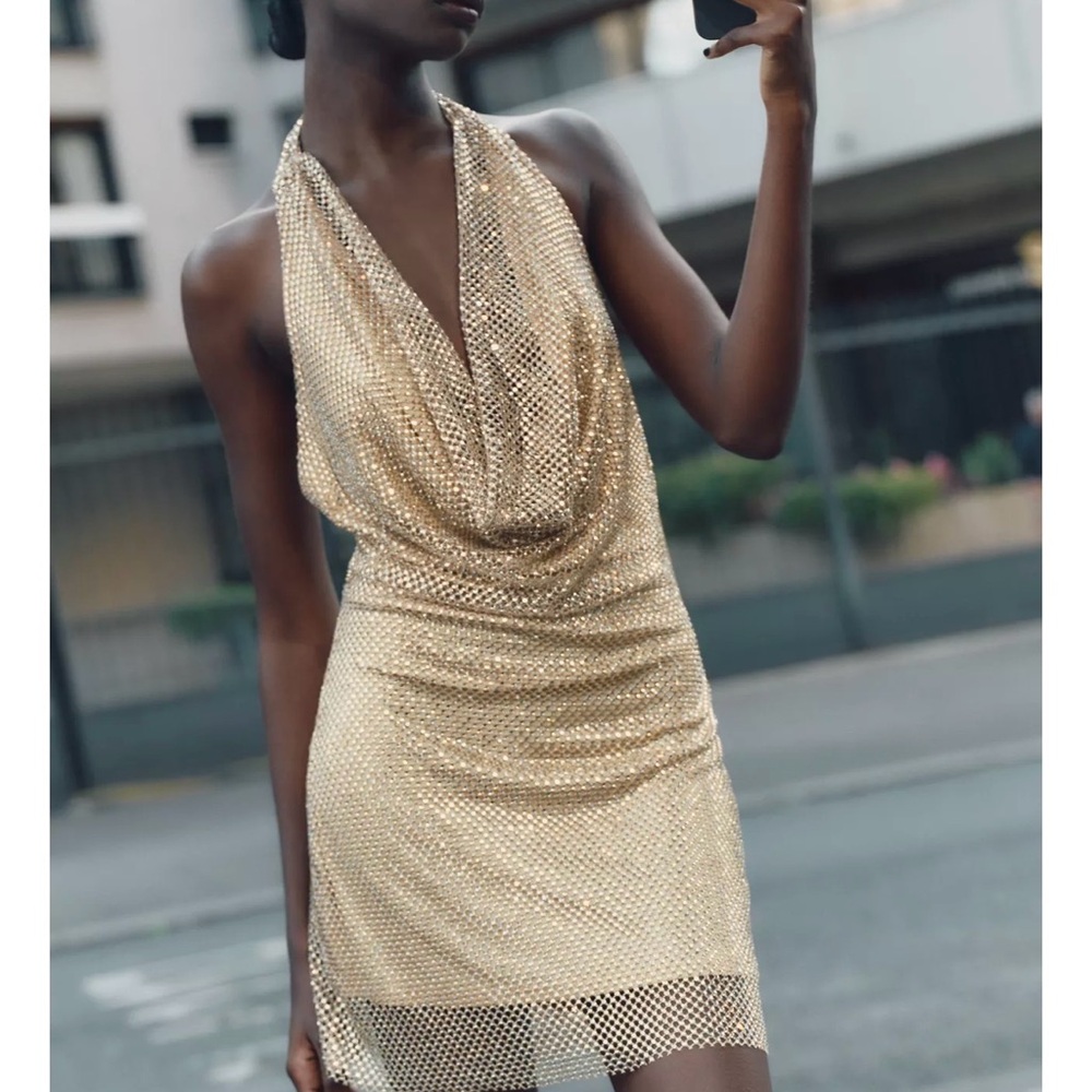 Zara Gold Metallic Mesh Halter Mini Dress